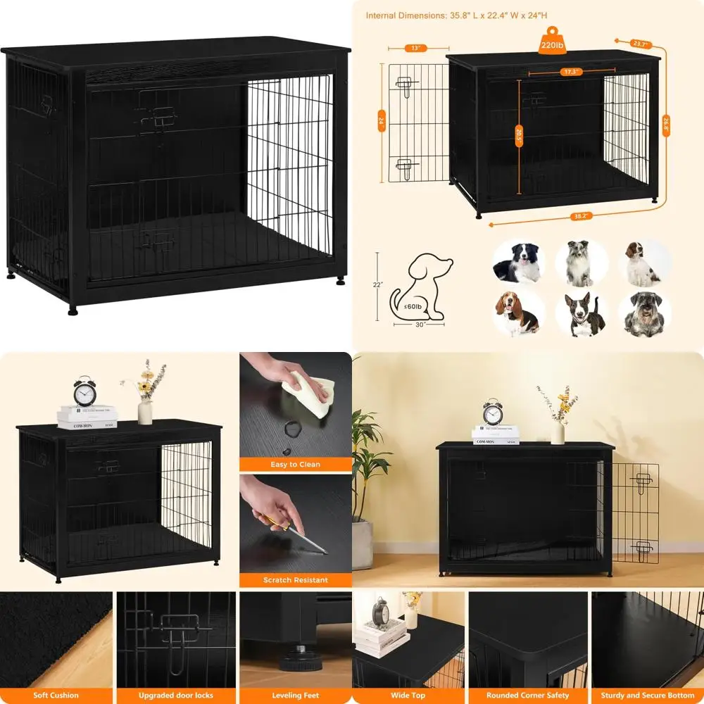 Large Black Wooden Dog Crate with Cushion and Double Doors, Indoor Dog House, 38.5 L
Large Black Wooden Dog Crate with Cushion and Double Doors, Indoor Dog House, 38.5 L