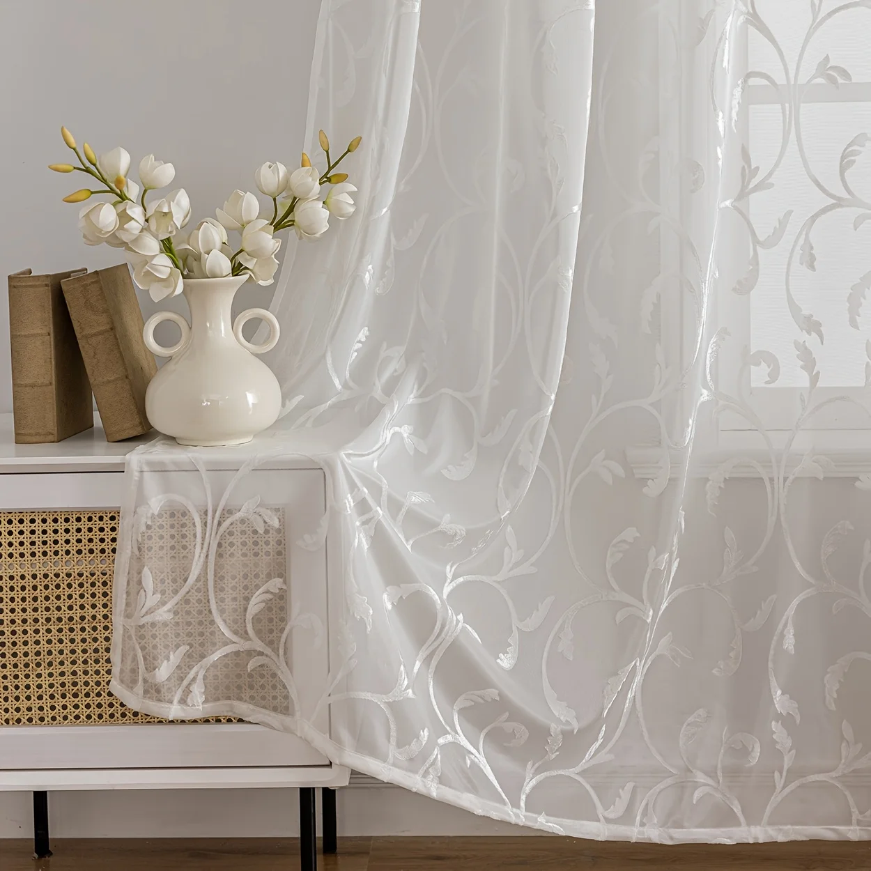 2 Panels Modern Jacquard Semi-Sheer Curtains with Romantic Floral Pattern - 100% Polyester Machine Washable, Grommet Top for Easy Hanging, Light Filtering Privacy for Living Room, Bedroom, Balcony & Dining Room
2 Panels Modern Jacquard Semi-Sheer Curtains with Romantic Floral Pattern - 100% Polyester Machine Washable, Grommet Top for Easy Hanging, Light Filtering Privacy for Living Room, Bedroom, Balcony & Dining Room