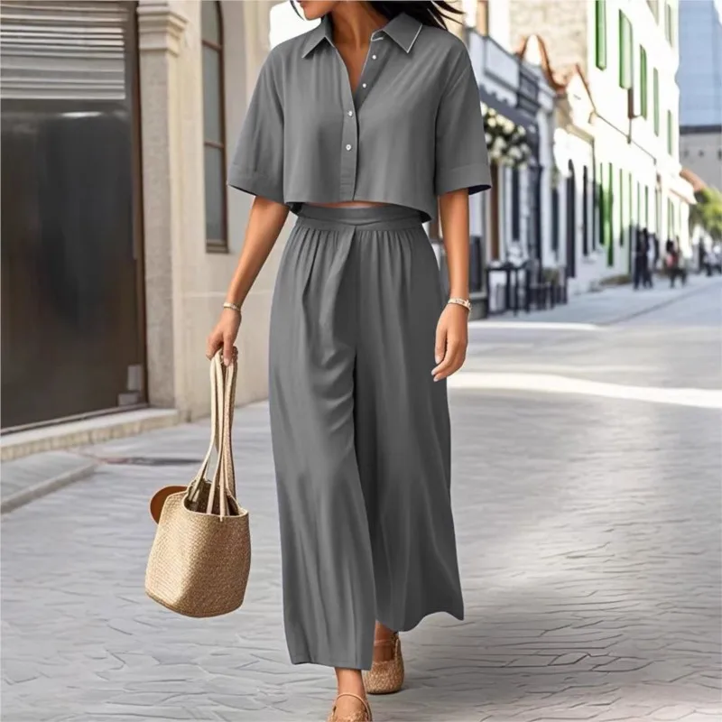 Summer Solid Color Cotton Linen 2 Piece Sets Womens Outfits Simple Style Shorts Sleeve Shirt + Loose Wide Leg Pants Set 2025 New
Summer Solid Color Cotton Linen 2 Piece Sets Womens Outfits Simple Style Shorts Sleeve Shirt + Loose Wide Leg Pants Set 2025 New