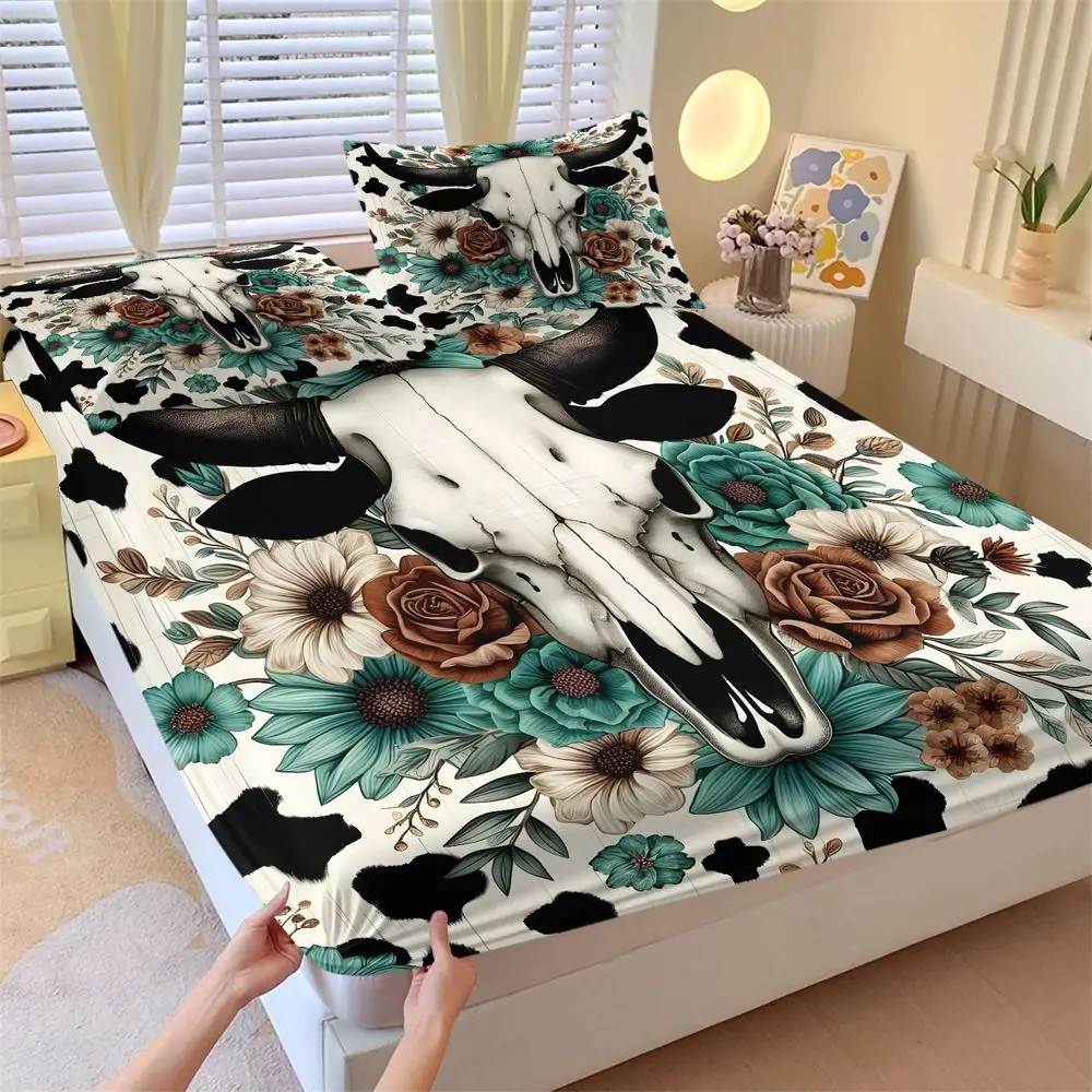 3Pcs Western Cow Skull Floral Bedding Set Cowhide Fitted Sheet Set Bed Sheets Set Boho Farmhouse Bedroom Decor Soft Bedding
3Pcs Western Cow Skull Floral Bedding Set Cowhide Fitted Sheet Set Bed Sheets Set Boho Farmhouse Bedroom Decor Soft Bedding
