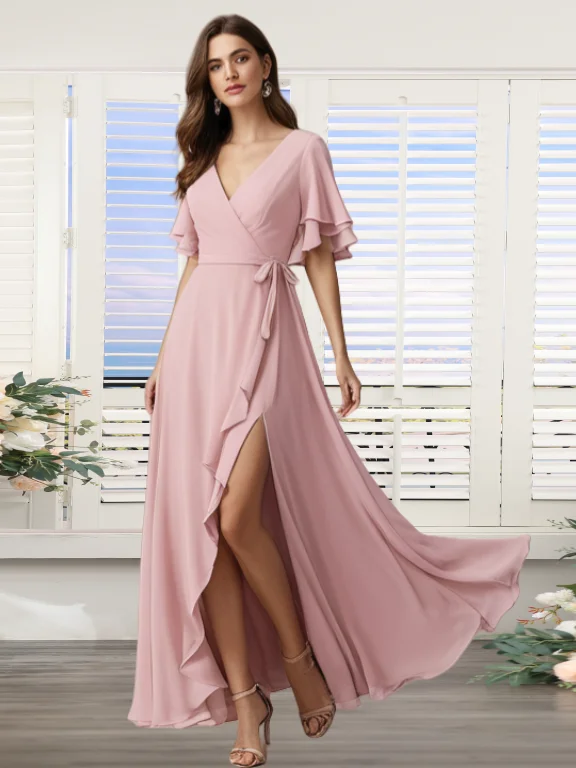 Dusty Pink Bridesmaid Dresses Long for Women 2025 V Neck Wrapped Sashes Short Sleeve Ruffle Side Slit Maid of Honor Dresses
Dusty Pink Bridesmaid Dresses Long for Women 2025 V Neck Wrapped Sashes Short Sleeve Ruffle Side Slit Maid of Honor Dresses