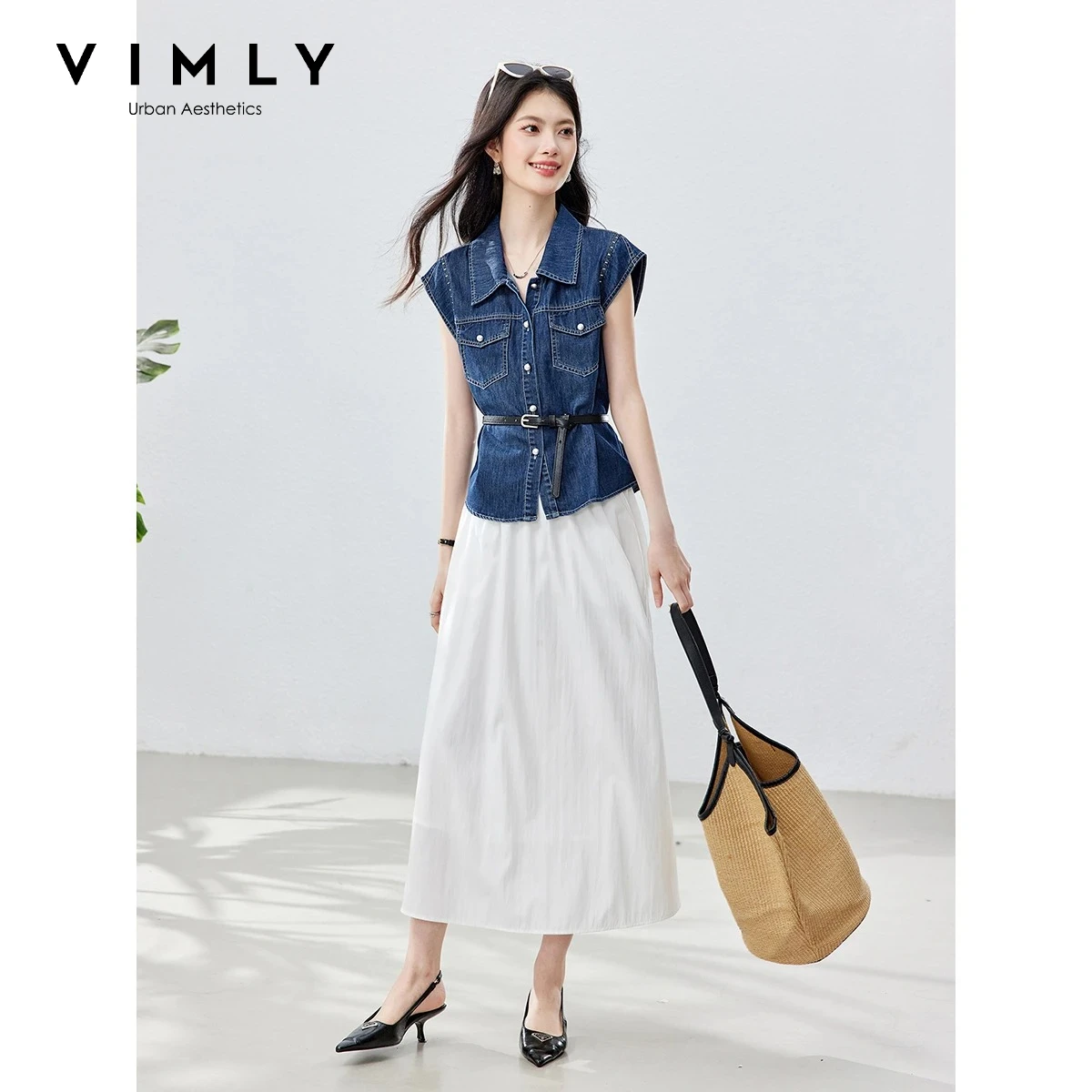 VIMLY Casual Commute Skirt Women's Suit Flutter Sleeve Denim Shirt Top A-Line Midi Skirt Minimalist Summer Two-piece Set 31052
VIMLY Casual Commute Skirt Women's Suit Flutter Sleeve Denim Shirt Top A-Line Midi Skirt Minimalist Summer Two-piece Set 31052