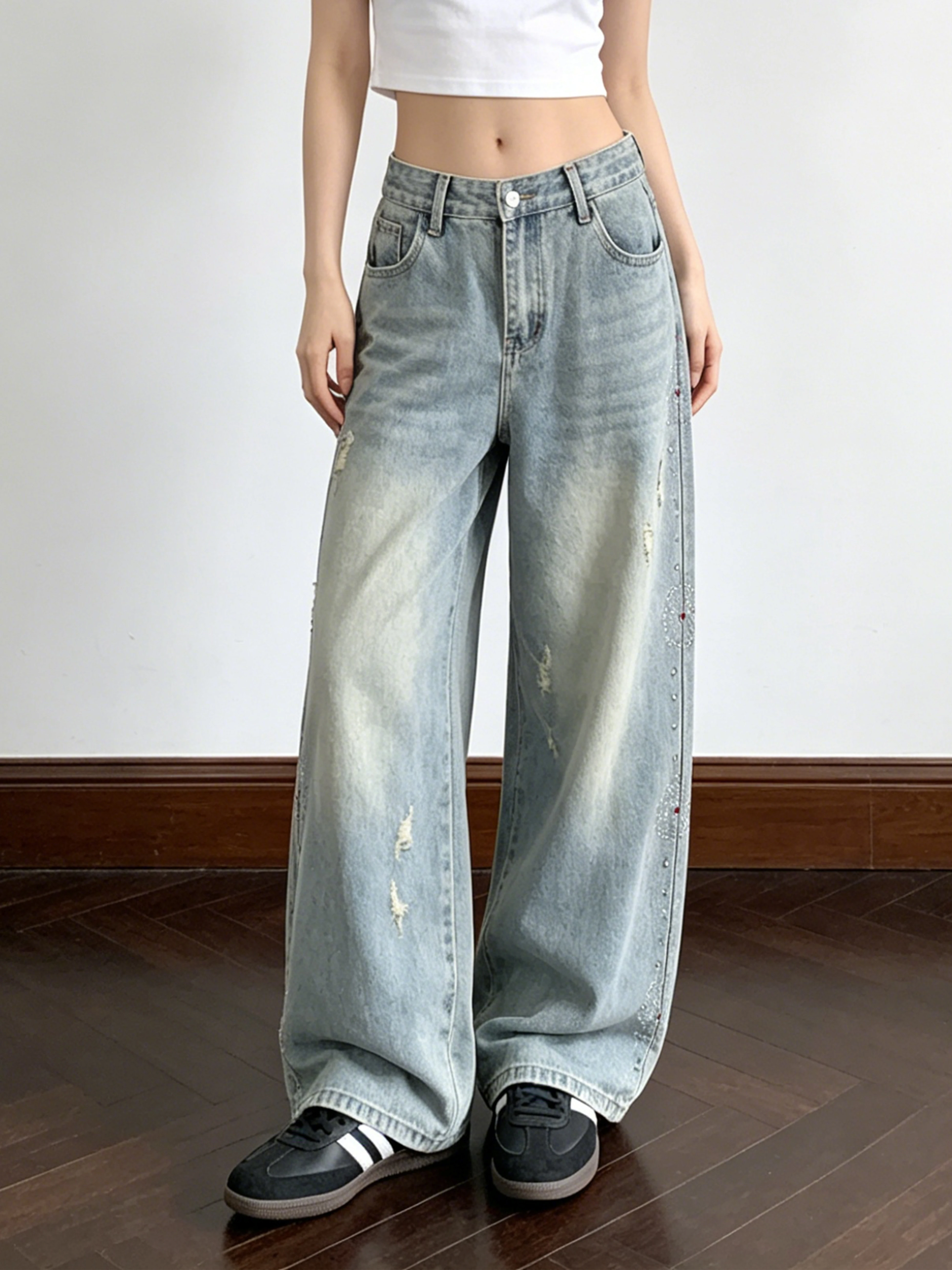 Vintage Distressed Wide Leg Denim Jeans Women Summer Casual American Style Slimming Casual Cotton Natural Waist Button Fly
Vintage Distressed Wide Leg Denim Jeans Women Summer Casual American Style Slimming Casual Cotton Natural Waist Button Fly