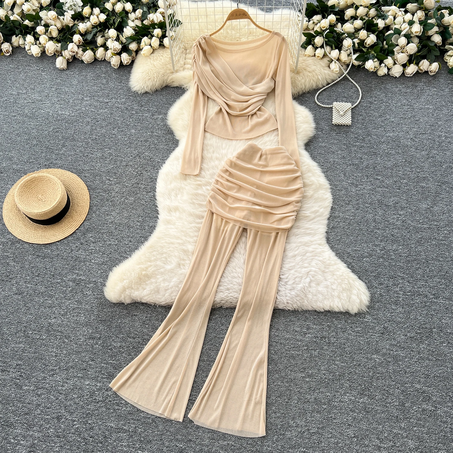 Sexy Two Pieces Sets Chic Pleated Spliced asymmetrical Top with Fashion Hotsweet High Waist Wide Leg Pant Sets
Sexy Two Pieces Sets Chic Pleated Spliced asymmetrical Top with Fashion Hotsweet High Waist Wide Leg Pant Sets