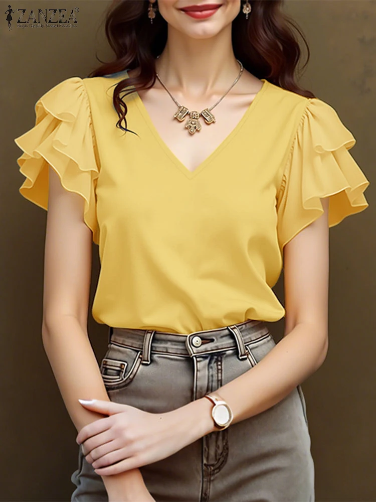 2025 Summer Elegant Office Work Shirts ZANZEA Fashion Women Tunic Blouse Short Ruffled Sleeve Tops Solid V Neck Holiday Blusas
2025 Summer Elegant Office Work Shirts ZANZEA Fashion Women Tunic Blouse Short Ruffled Sleeve Tops Solid V Neck Holiday Blusas