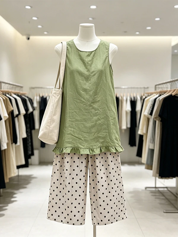 plus Size Summer Outfit Polka Dot Wide Leg Pants Sleeveless Loose Top Midi Dress Style Office Commute Korean Loose Fit Set
plus Size Summer Outfit Polka Dot Wide Leg Pants Sleeveless Loose Top Midi Dress Style Office Commute Korean Loose Fit Set