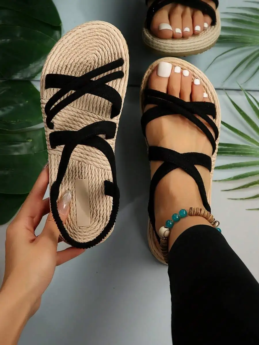 Women Flat Round Toe Bohemian Woven Cross Strap Casual Sandals For Beach Summer
Women Flat Round Toe Bohemian Woven Cross Strap Casual Sandals For Beach Summer