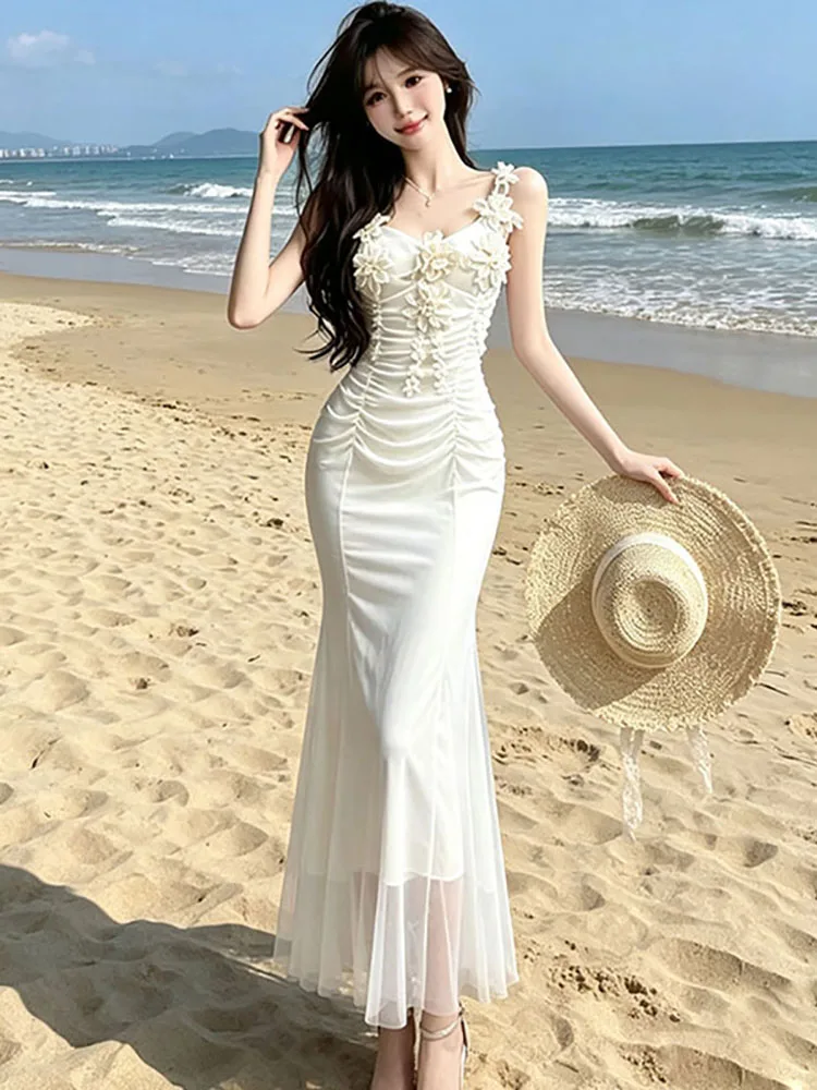 Summer White Mesh Pleated Floral Sling Long Dress Women Elegant Luxury Ruffled Dress 2026 Korean Bodycon Casual Holiday Dresses
Summer White Mesh Pleated Floral Sling Long Dress Women Elegant Luxury Ruffled Dress 2026 Korean Bodycon Casual Holiday Dresses