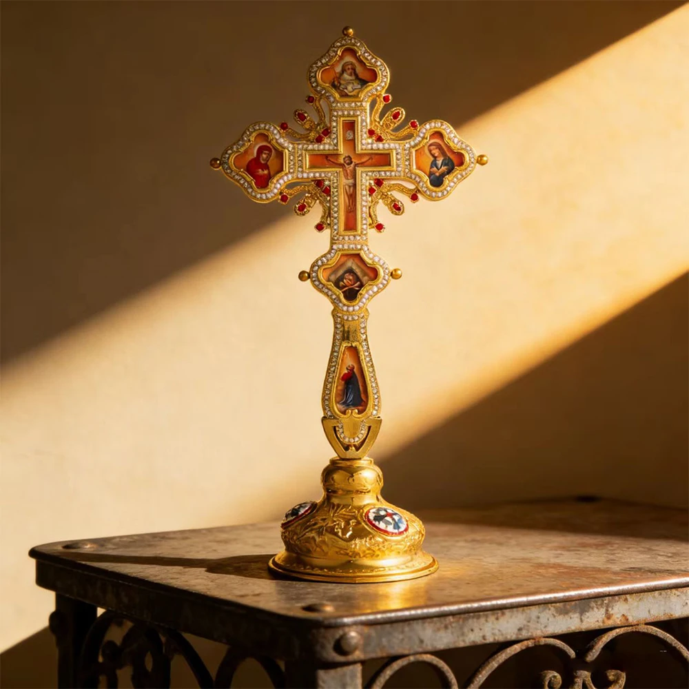 Premium Orthodox Standing Cross with Gold Finish Saint Icon Panels Red Gems and Crystals for Church Decor and Spiritual Devotion
Premium Orthodox Standing Cross with Gold Finish Saint Icon Panels Red Gems and Crystals for Church Decor and Spiritual Devotion