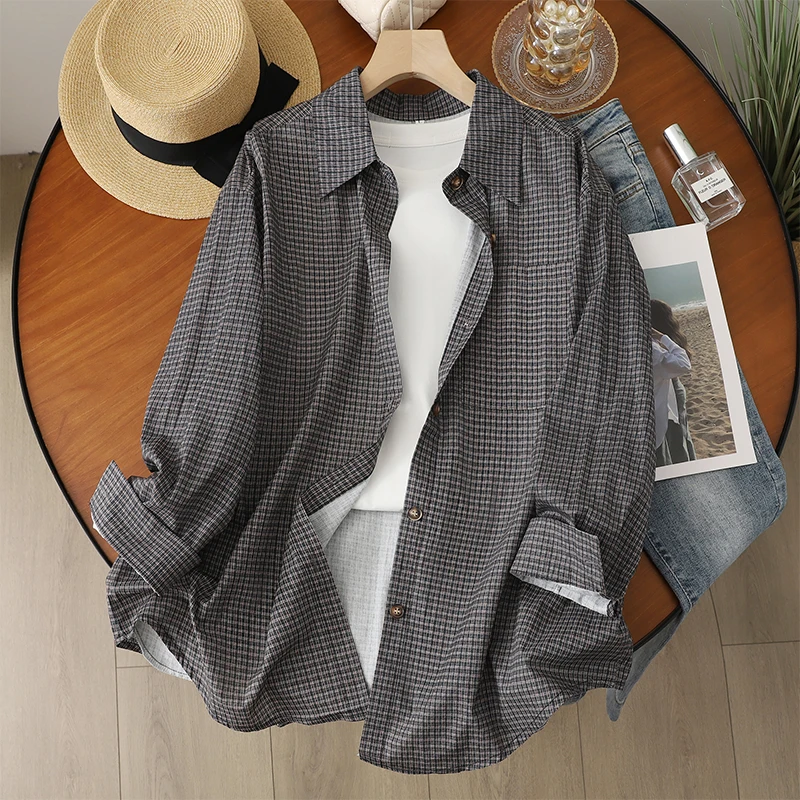 Retro Textured Fine Plaid irt Jaet Women's Summer Casual Collar Long Sve Top Trendy Loose Fit Pure Cotton Breathable
Retro Textured Fine Plaid irt Jaet Women's Summer Casual Collar Long Sve Top Trendy Loose Fit Pure Cotton Breathable