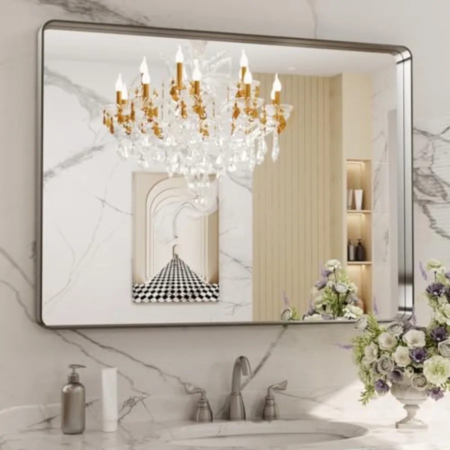 Bathroom mirror brushed nickel metal frame silver 40X30 inch rounded rectangle anti-rust and shatter-proof mounts horizontally
Bathroom mirror brushed nickel metal frame silver 40X30 inch rounded rectangle anti-rust and shatter-proof mounts horizontally