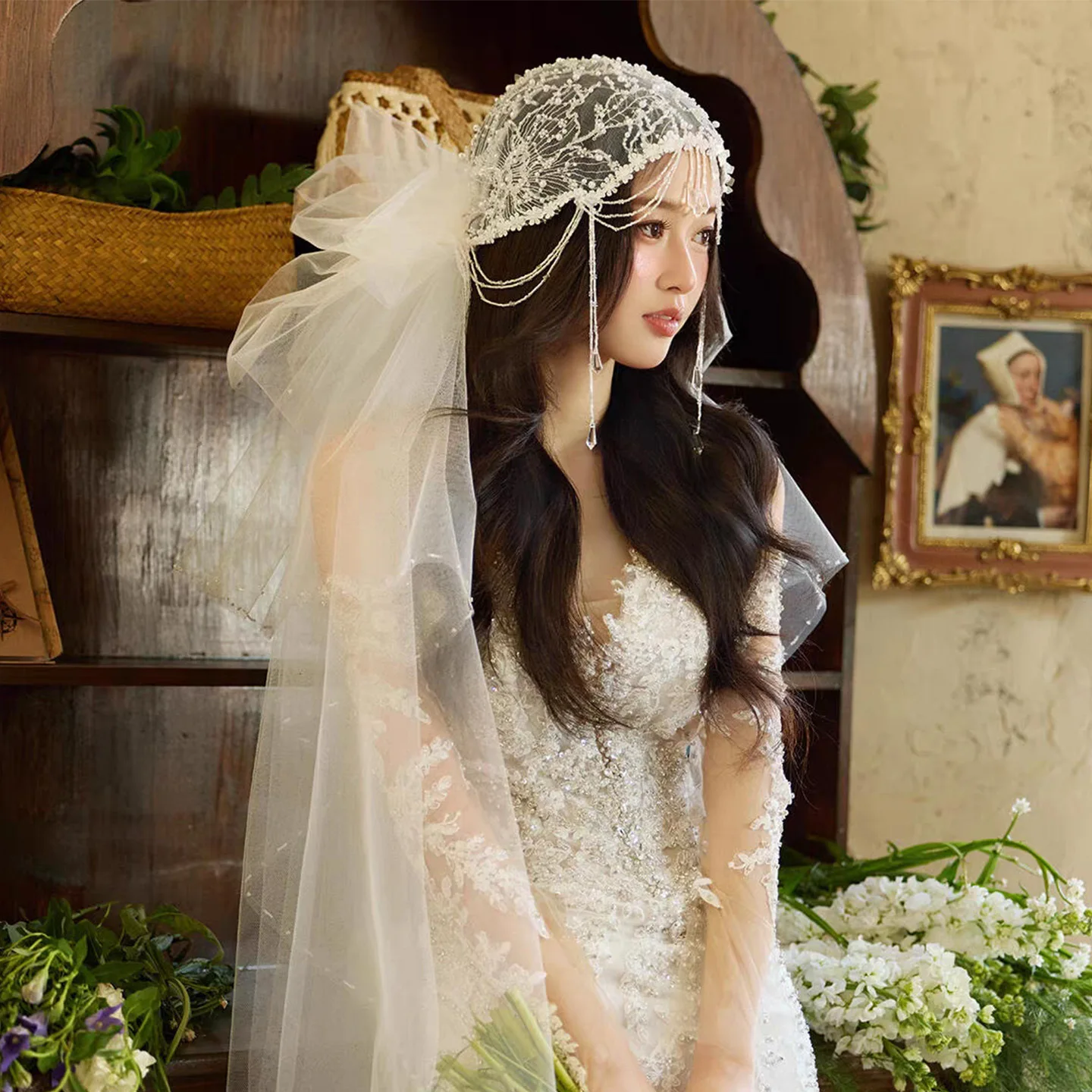 French Retro Lace Hat with Long Veil – Bridal Headpiece for Wedding Photoshoot, Ruffle Bow Ribbon Tassel Beads Hair Accessories
French Retro Lace Hat with Long Veil – Bridal Headpiece for Wedding Photoshoot, Ruffle Bow Ribbon Tassel Beads Hair Accessories