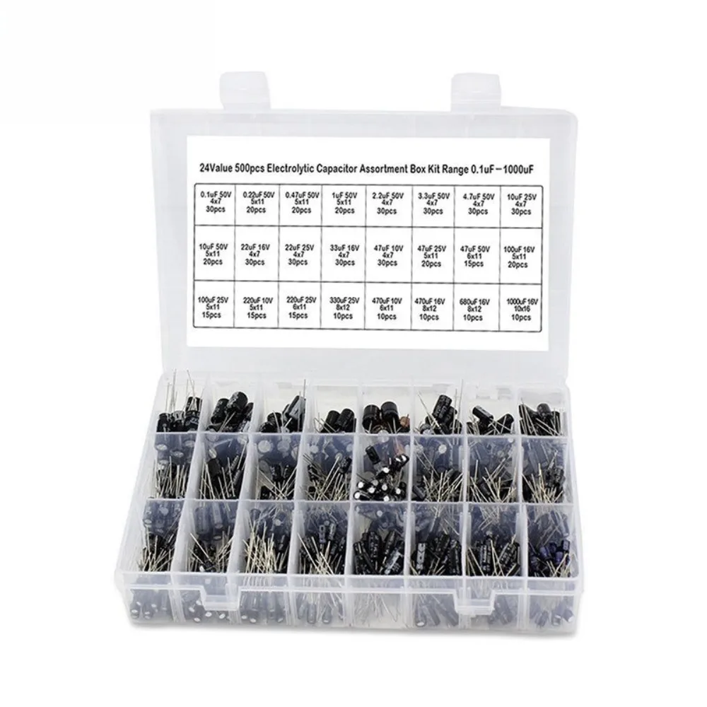500Pcs 24 Values Electrolytic Capacitor Assortment Kit 0 1uF to 1000uF Wide Range Radial Lead Capacitors with Storage Box for Po
500Pcs 24 Values Electrolytic Capacitor Assortment Kit 0 1uF to 1000uF Wide Range Radial Lead Capacitors with Storage Box for Po
