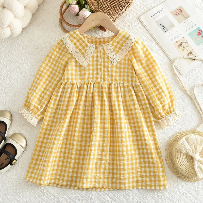 Girls' Autumn New Dress Yellow and White Plaid Fresh Simple Lace Collar Long Sleeve Dress Hot Sale
Girls' Autumn New Dress Yellow and White Plaid Fresh Simple Lace Collar Long Sleeve Dress Hot Sale