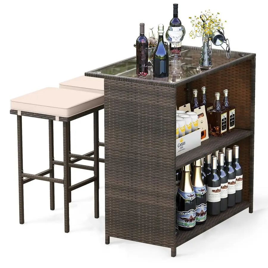 Комплект для патио из 3 предметов: уличный барный стол из ротанга и 2 стула с столешницей из закаленного стекла, 2-уровневое хранилище, съемные подушки.
Комплект для патио из 3 предметов: уличный барный стол из ротанга и 2 стула с столешницей из закаленного стекла, 2-уровневое хранилище, съемные подушки.