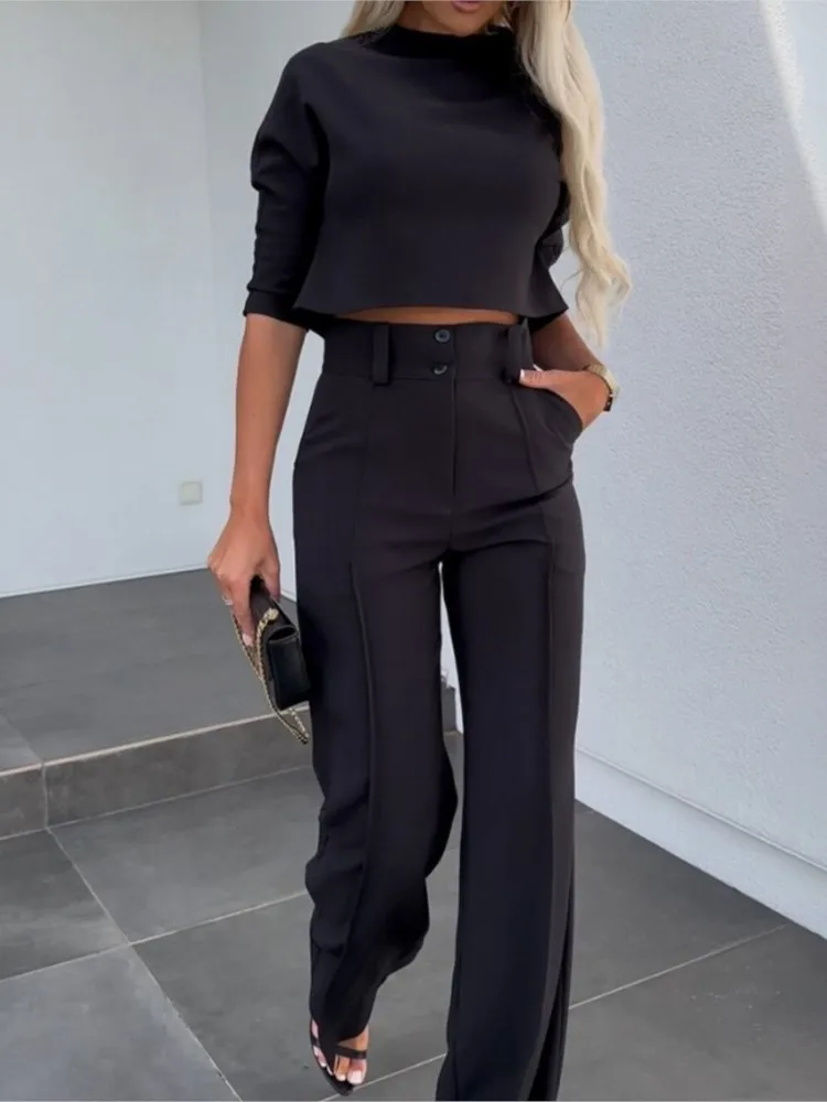 Women Fashion Office Set Casual O Neck Pullover Top Sets And High Waist Wide Leg Pants 2 Piece Sets Lady Spring Womens Clothing
Women Fashion Office Set Casual O Neck Pullover Top Sets And High Waist Wide Leg Pants 2 Piece Sets Lady Spring Womens Clothing