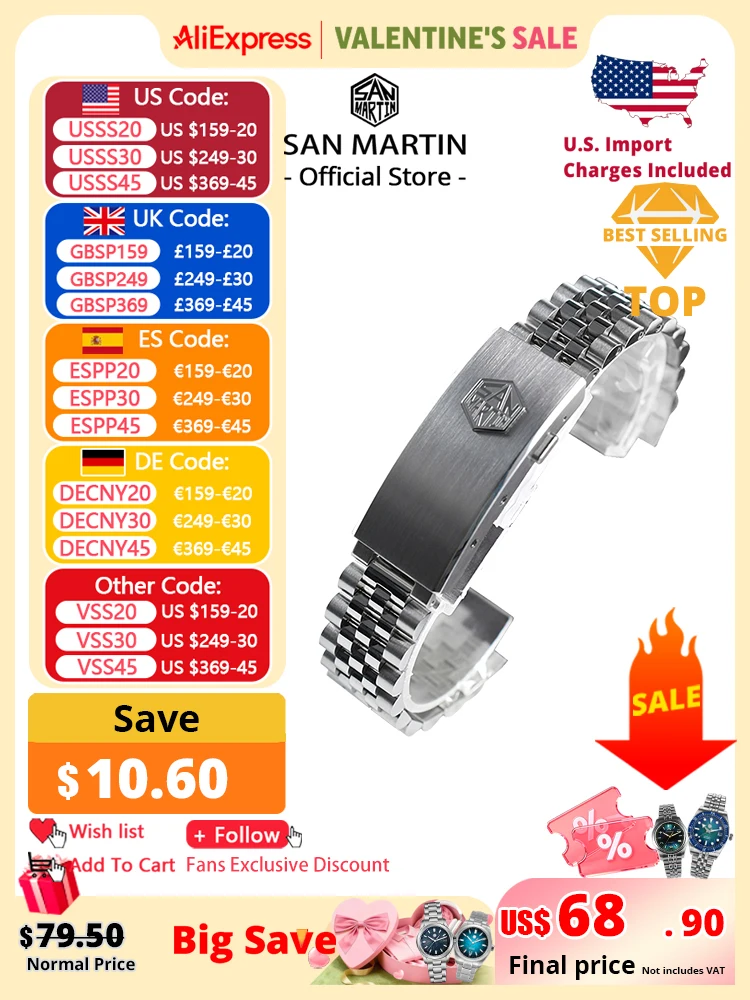 Юбилейный браслет San Martin, детали для часов из нержавеющей стали для 20 мм, изогнутые концевые звенья, регулируемая застежка для SN0008 SN0128
Юбилейный браслет San Martin, детали для часов из нержавеющей стали для 20 мм, изогнутые концевые звенья, регулируемая застежка для SN0008 SN0128