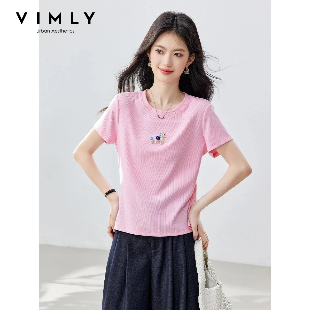 VIMLY Women's Casual Commute Pink Crew Neck T-shirt 2026 Summer New Fashion Beaded Pony Short Sleeve Simple Versatile Top 30993
VIMLY Women's Casual Commute Pink Crew Neck T-shirt 2026 Summer New Fashion Beaded Pony Short Sleeve Simple Versatile Top 30993