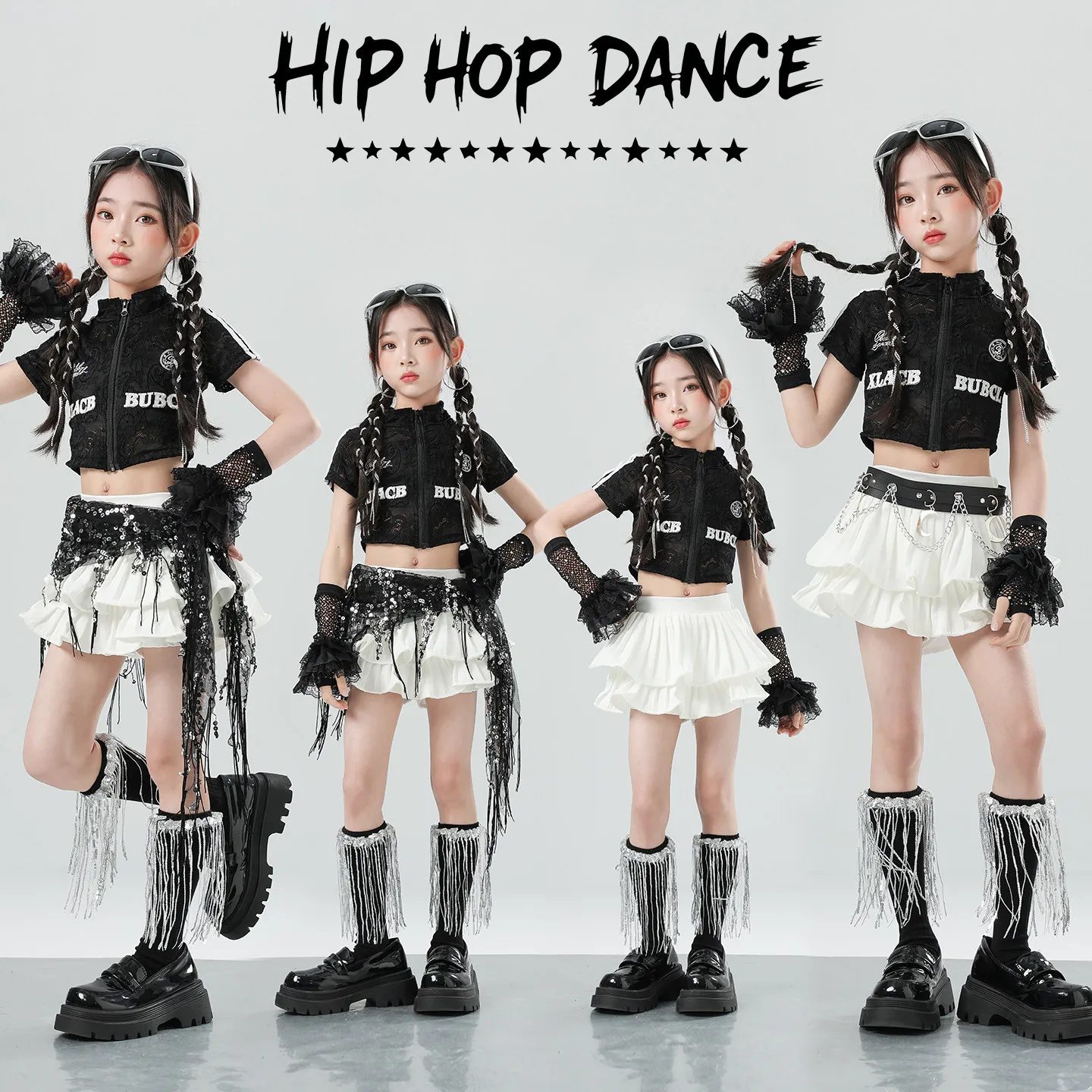 2026 Children Hip Hop Dance Costumes For Girls Group Black Crop Tops White Skirts Suit Modern Dance Jazz Stage Clothes XH4199
2026 Children Hip Hop Dance Costumes For Girls Group Black Crop Tops White Skirts Suit Modern Dance Jazz Stage Clothes XH4199