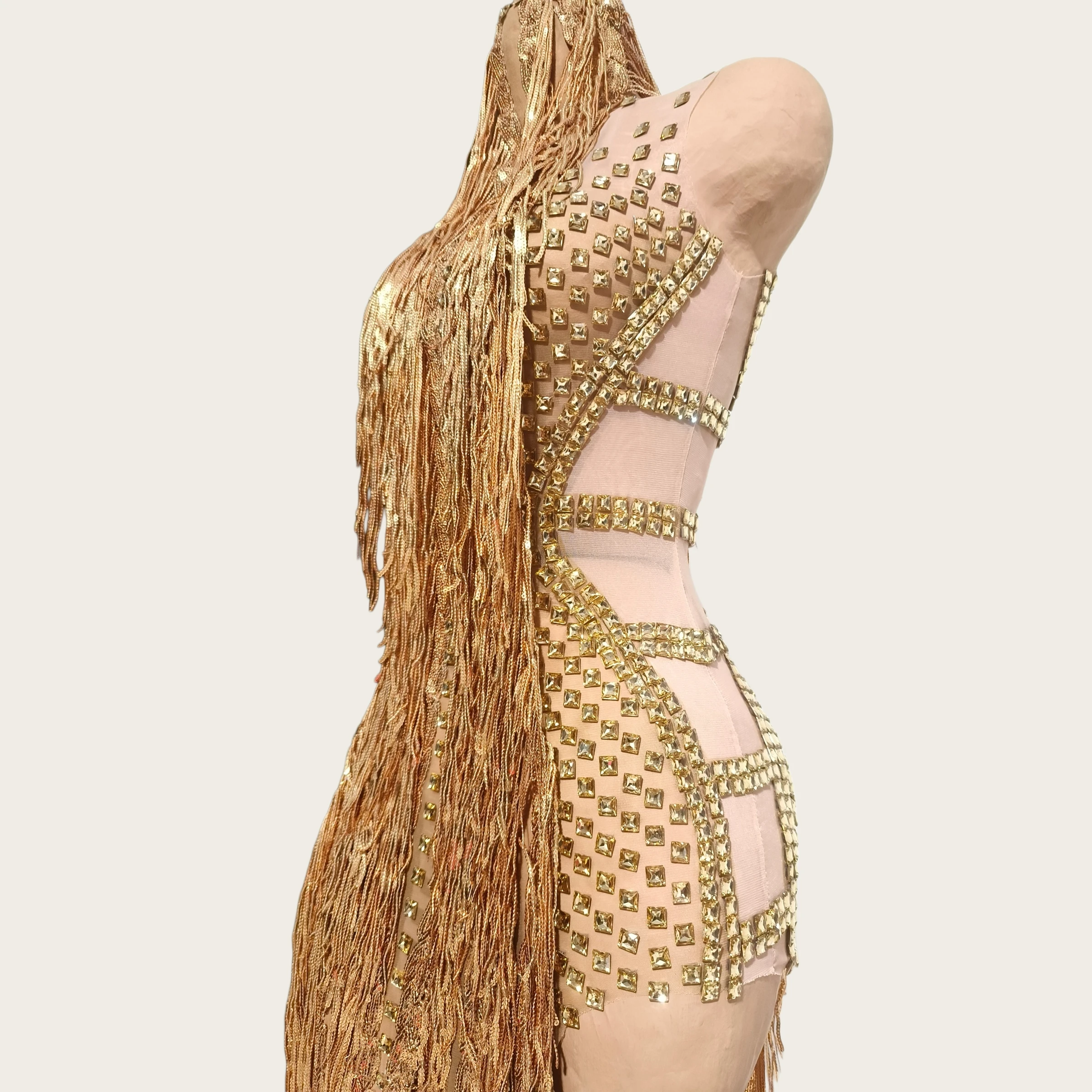 Women Sexy Gold Rhinestone Tassel Mini Dress Nightclub Bar Latin Dance Stage Performance Costume Club Event Party Dress Jintiao
Women Sexy Gold Rhinestone Tassel Mini Dress Nightclub Bar Latin Dance Stage Performance Costume Club Event Party Dress Jintiao