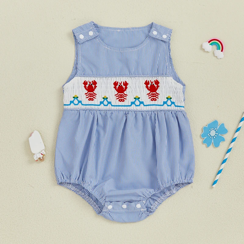 Baby Romper for Summer Loose Fit Lobster Embroidery Striped Crew Neck Sleeveless Infant Jumpsuit
Baby Romper for Summer Loose Fit Lobster Embroidery Striped Crew Neck Sleeveless Infant Jumpsuit