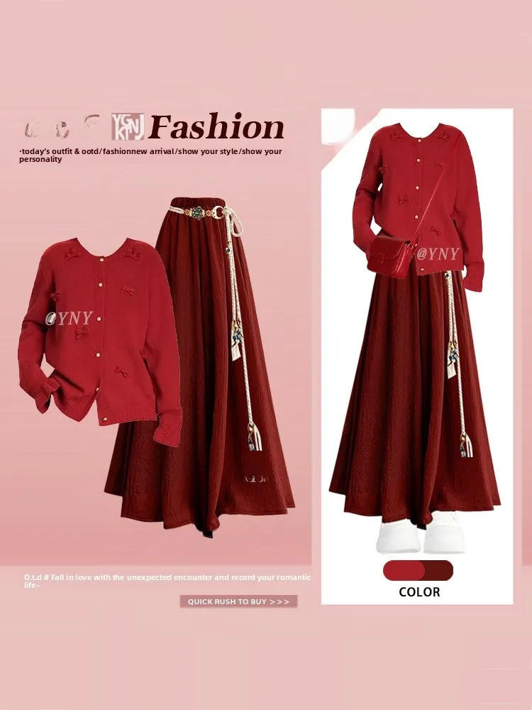 Red Winter Knitted Cardigan And Casual Skirt Set for Women with Bow Tie round Neck High Waist Long Sleeve Fashion Set
Red Winter Knitted Cardigan And Casual Skirt Set for Women with Bow Tie round Neck High Waist Long Sleeve Fashion Set