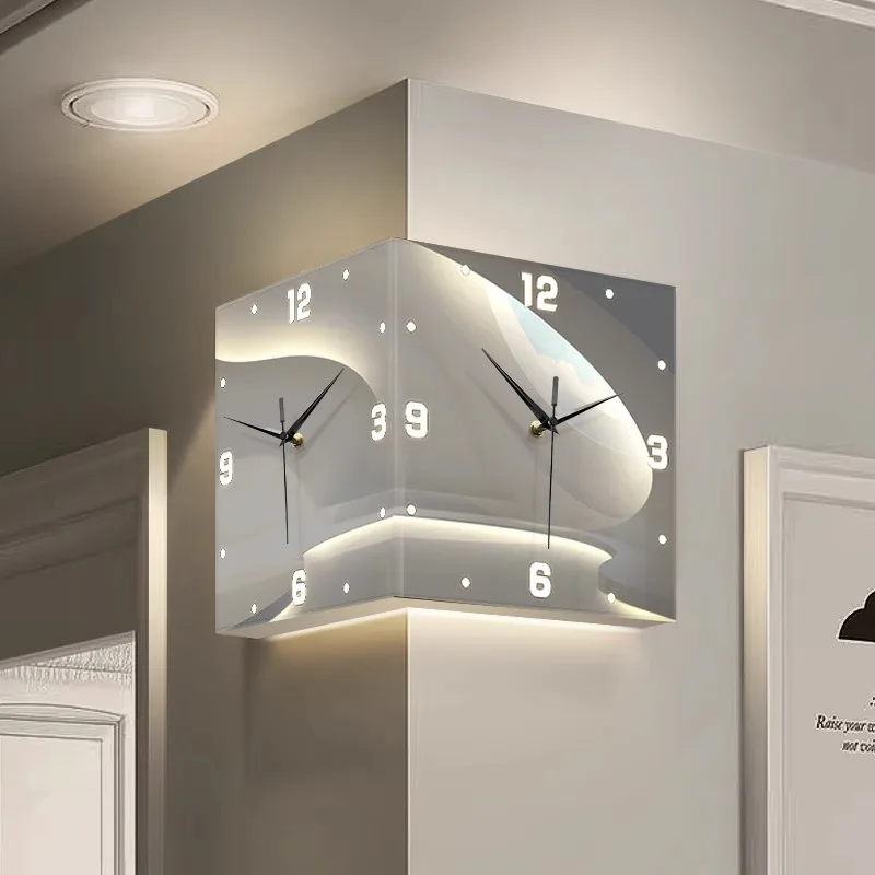 Abstract and simple living room double-sided corner wall clock creative corner clock mural light non-punching yang corner clock
Abstract and simple living room double-sided corner wall clock creative corner clock mural light non-punching yang corner clock