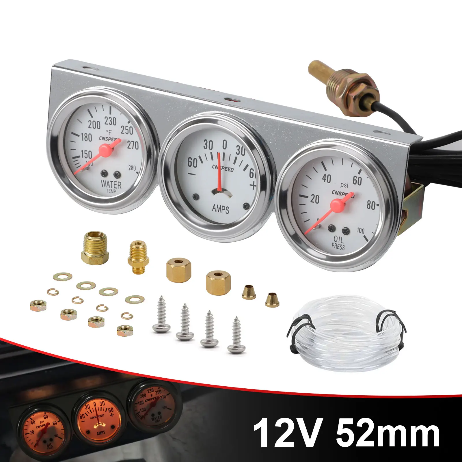CNSPEED 2" 52MM 3 IN 1 Oil Pressure gauge + Water Temp gauge With Sensor + Amp Meter Triple Gauge kit Set Chrome Panel Car Meter
CNSPEED 2" 52MM 3 IN 1 Oil Pressure gauge + Water Temp gauge With Sensor + Amp Meter Triple Gauge kit Set Chrome Panel Car Meter