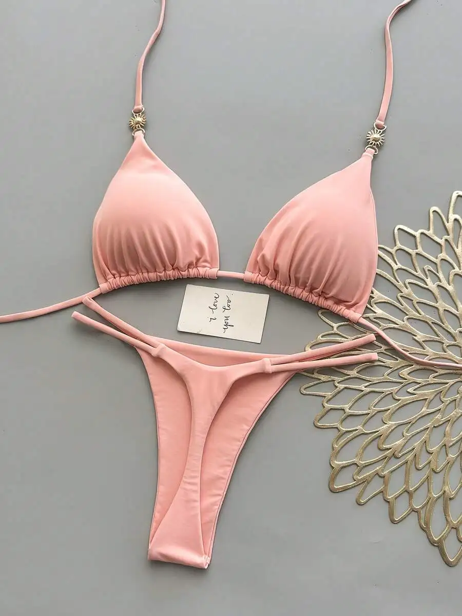 2pcs Pink Solid Triangle String Bikini Set For Beach Holiday Summer
2pcs Pink Solid Triangle String Bikini Set For Beach Holiday Summer