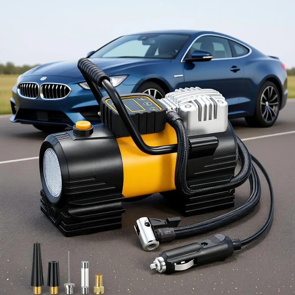 Portable Air Compressor (Up to 150 PSI) with 12V DC Digital Pump and 12 LEDs Super Bright Light for Car, Motorcycle, Automotive
Portable Air Compressor (Up to 150 PSI) with 12V DC Digital Pump and 12 LEDs Super Bright Light for Car, Motorcycle, Automotive