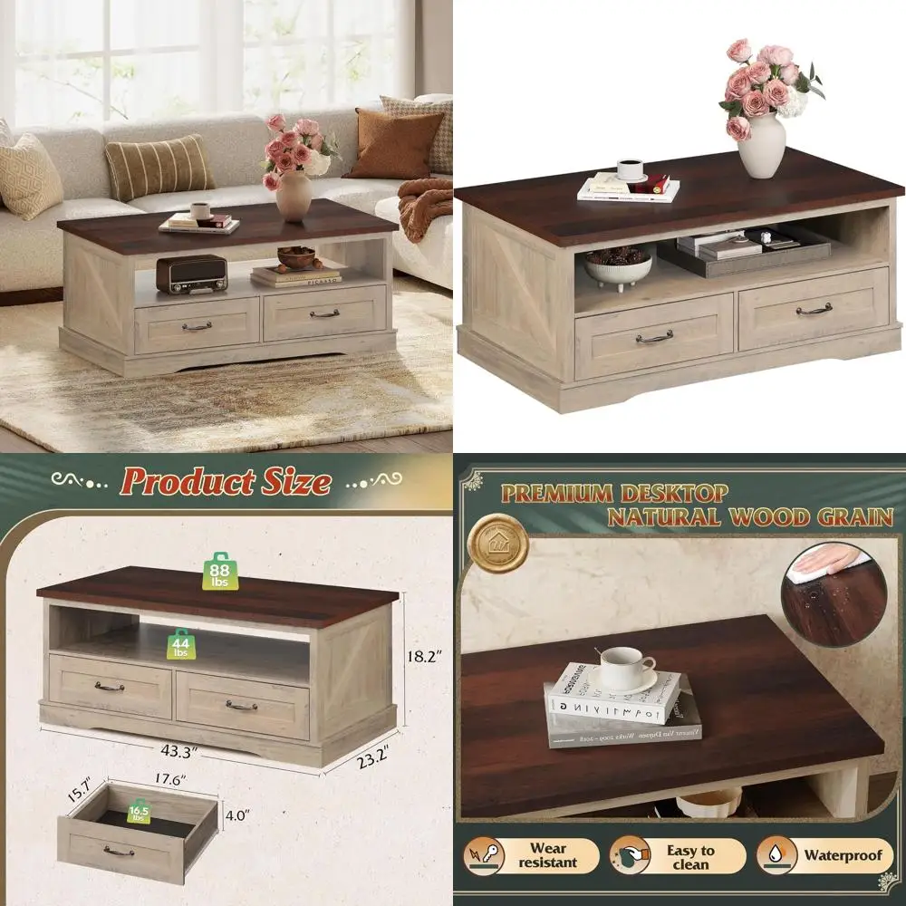 43 Grey Living Room Coffee Table with 2 Drawers and Open Display Shelf, Elegant Curved Base
43 Grey Living Room Coffee Table with 2 Drawers and Open Display Shelf, Elegant Curved Base