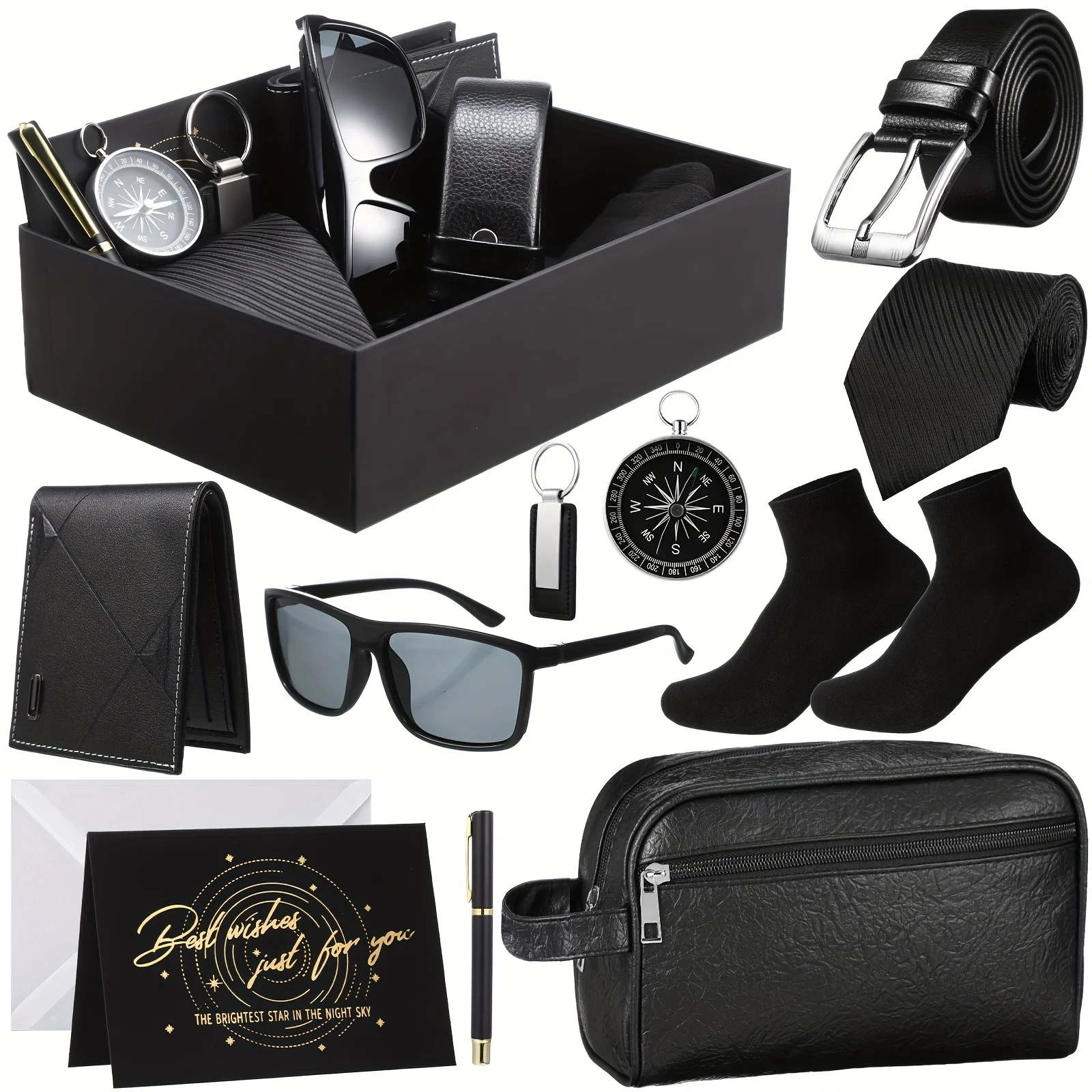 12pcs Men Birthdays Gift Set with Box for Men Dad Basket PU Leather Wallet Leather Toiletry Bag Tie Socks Belt Keychain Fashion Glasses Pen Compass Set for Christmas Halloween Thanksgiving
12pcs Men Birthdays Gift Set with Box for Men Dad Basket PU Leather Wallet Leather Toiletry Bag Tie Socks Belt Keychain Fashion Glasses Pen Compass Set for Christmas Halloween Thanksgiving