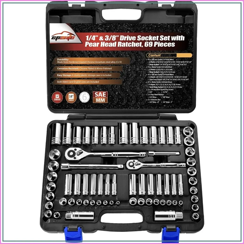 69-Piece 1/4" & 3/8" Drive Socket Set with Ratchet, Chrome
69-Piece 1/4" & 3/8" Drive Socket Set with Ratchet, Chrome