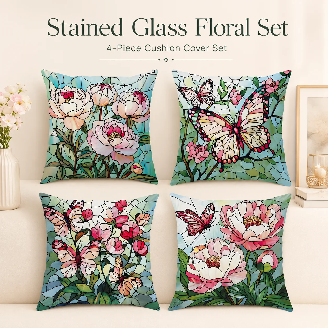 4 Pcs Stained Glass Style Cushion Covers 2D Flat Printed Peach Skin Coussin Room Decor Butterfly Flower Pillowcase Sofa Bed
4 Pcs Stained Glass Style Cushion Covers 2D Flat Printed Peach Skin Coussin Room Decor Butterfly Flower Pillowcase Sofa Bed