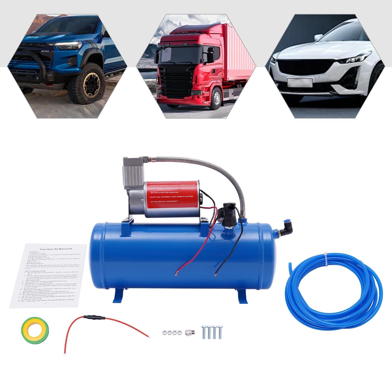 Portable DC 12V Air Compressor 100 Psi with Universal 6 Liter/ 1.6Gal Tank Train Air Horn Kit Blue
Portable DC 12V Air Compressor 100 Psi with Universal 6 Liter/ 1.6Gal Tank Train Air Horn Kit Blue