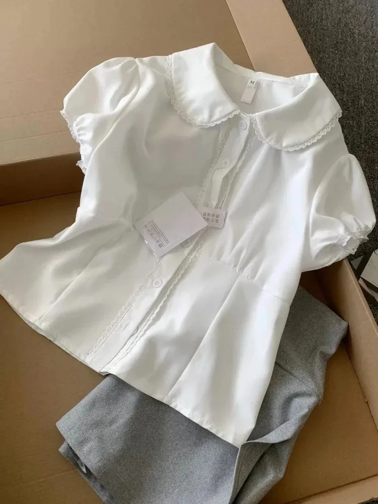 White Shirts Summer Blouses For Women's 2026 Camisas De Mujer Slim Waist Short Sleeve Crop Tops Peter Pan Collar Cute Blouse
White Shirts Summer Blouses For Women's 2026 Camisas De Mujer Slim Waist Short Sleeve Crop Tops Peter Pan Collar Cute Blouse