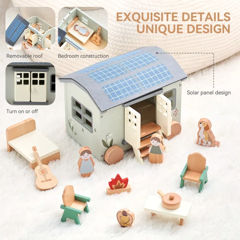 Wooden Camper Van Dollhouse Playset with Furniture and Figures Pretend Camping Toy for Kids Imaginative Play
Wooden Camper Van Dollhouse Playset with Furniture and Figures Pretend Camping Toy for Kids Imaginative Play