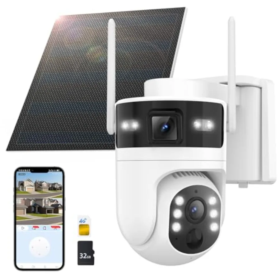 LTE Cellular Solar Security Camera Wireless Outdoor: Dual-Lens Cámara, Pan and Tilt, 360° Live View, with SIM Card and 32GB SD
LTE Cellular Solar Security Camera Wireless Outdoor: Dual-Lens Cámara, Pan and Tilt, 360° Live View, with SIM Card and 32GB SD