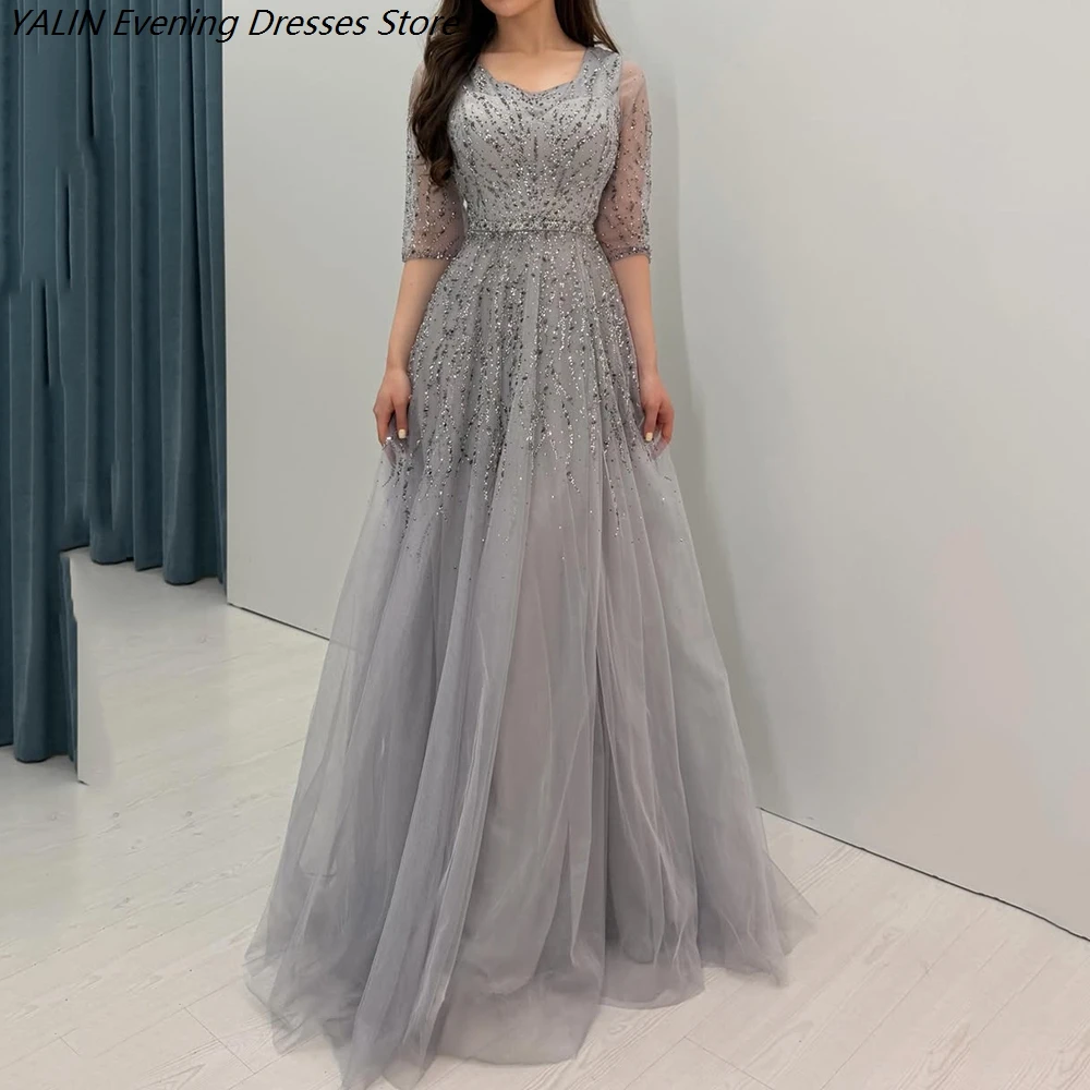 Women's A-line Evening Dresses Floor-length V-neck Half Sleeve Prom Dresses Fashion Sequined Simple Draped Customized Gowns
Women's A-line Evening Dresses Floor-length V-neck Half Sleeve Prom Dresses Fashion Sequined Simple Draped Customized Gowns