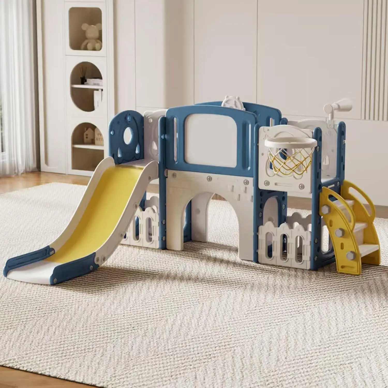 Kids Slide Set for Toddlers 1-3, Indoor Playground with Basketball Hoop, Telescope & Storage, Blue Yellow
Kids Slide Set for Toddlers 1-3, Indoor Playground with Basketball Hoop, Telescope & Storage, Blue Yellow