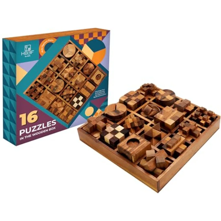Coffee table games set: interlocking 3D wooden brain teaser puzzles in natural wood color, 16-piece adult and senior mind chall
Coffee table games set: interlocking 3D wooden brain teaser puzzles in natural wood color, 16-piece adult and senior mind chall