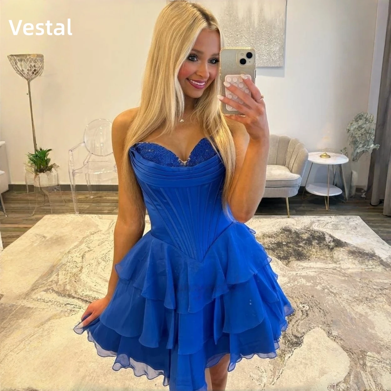 Vestal Royal Blue Strapless Homecoming Dress Sweetheart Corset Tiered Ruffle Chiffon A-Line Mini Cocktail Birthday Customized
Vestal Royal Blue Strapless Homecoming Dress Sweetheart Corset Tiered Ruffle Chiffon A-Line Mini Cocktail Birthday Customized