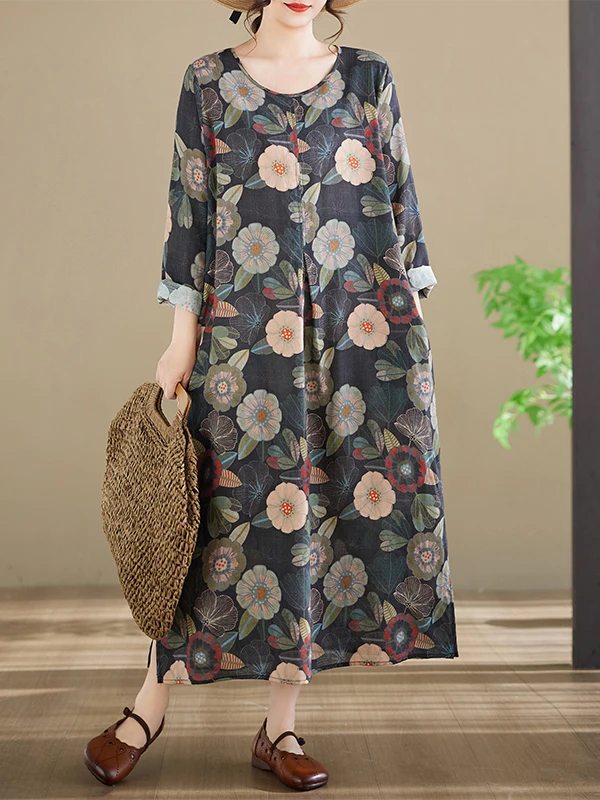 Retro Artistic A-Line Dress Cotton Linen Murky Green Floral Loose Seven-Sleeve Meat-Covering Breathable Casual Long Skirt
Retro Artistic A-Line Dress Cotton Linen Murky Green Floral Loose Seven-Sleeve Meat-Covering Breathable Casual Long Skirt