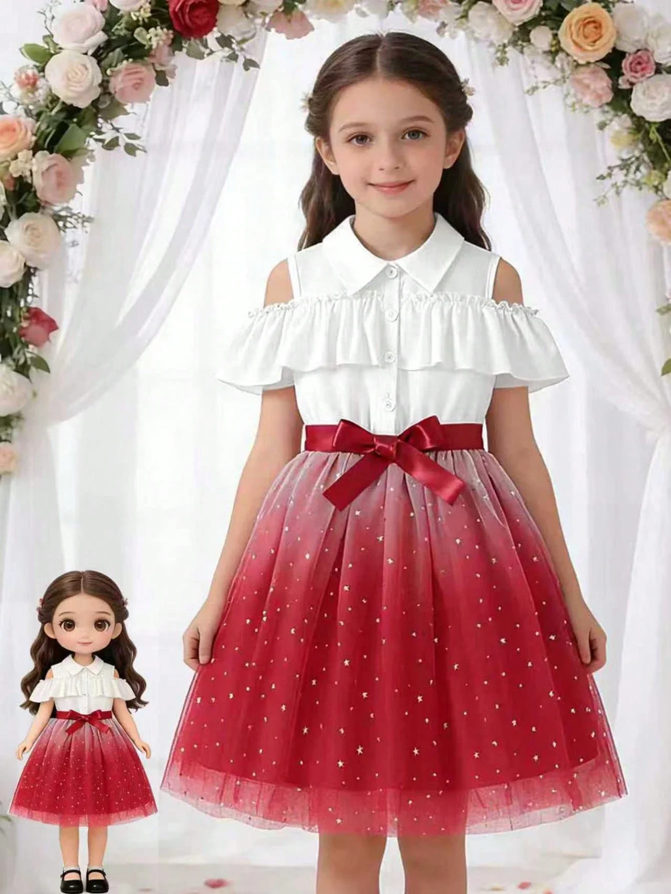 Women's Collared Off-Shoulder Ruffle Dress With Star Mesh Skirt And Belt
Women's Collared Off-Shoulder Ruffle Dress With Star Mesh Skirt And Belt