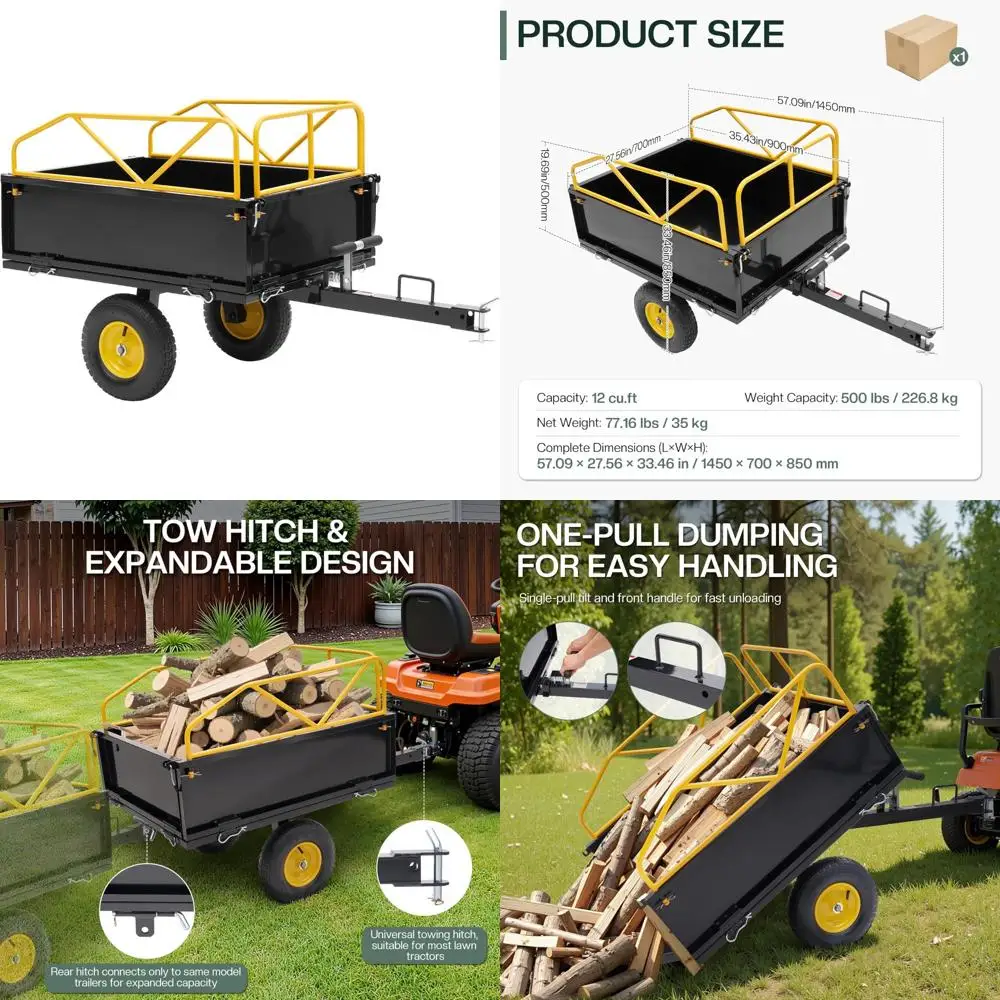 Utility Trailer 500Lbs Capacity, 12 Cubic Feet, ATV UTV Towable Dump Cart with Removable Sides and Rear Hitch for Convenience
Utility Trailer 500Lbs Capacity, 12 Cubic Feet, ATV UTV Towable Dump Cart with Removable Sides and Rear Hitch for Convenience