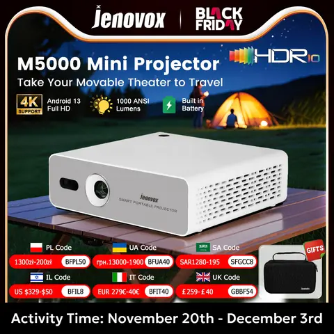 Jenovox M5000 Mini DLP 4K Projector Decode Full HD Home Theater 1000 ANSI Lumens Built-in Battery Android 13 Pocket Beamer HDR