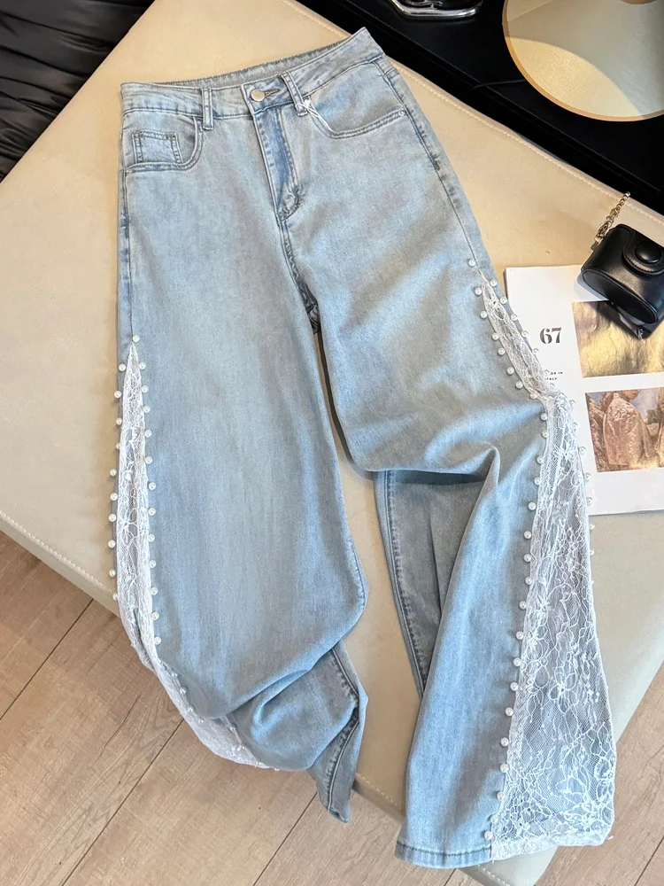 Summer New Pearl Lace Splicing Wide Leg Jeans Women's High Waist Straight Cut Pants Slimming Long Trousers Commute Style
Summer New Pearl Lace Splicing Wide Leg Jeans Women's High Waist Straight Cut Pants Slimming Long Trousers Commute Style