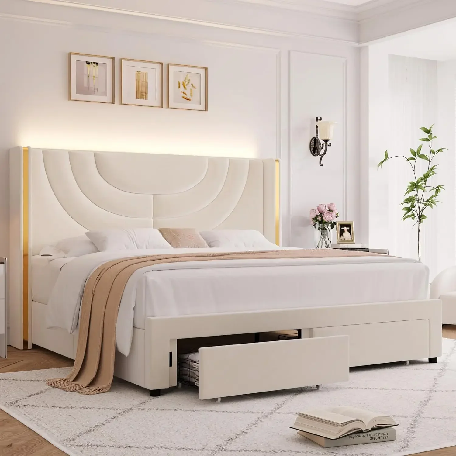 King Upholstered LED Bed Frame ,Velvet Platform Bed with Wingback Headboard,Solid Wooden Slats Support,Headboard Splicing,Beige
King Upholstered LED Bed Frame ,Velvet Platform Bed with Wingback Headboard,Solid Wooden Slats Support,Headboard Splicing,Beige