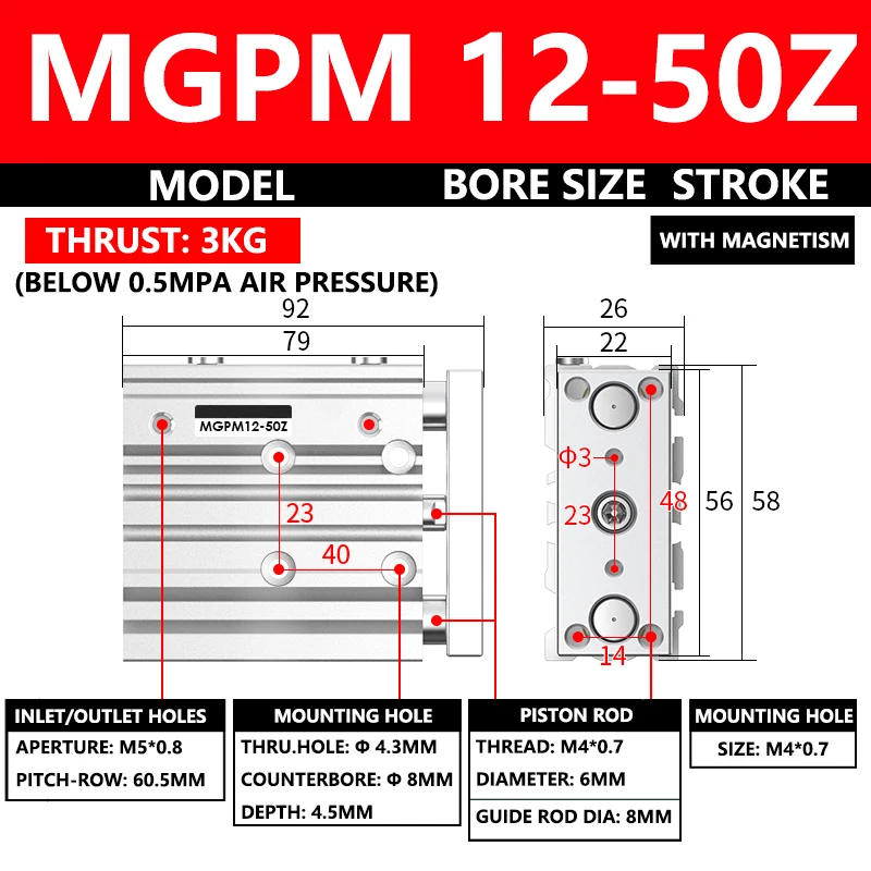 ABILKEEN MGPM Series Pneumatic Compact Guide Cylinder MGPM12-50Z 12MM Bore X 50MM Stroke Thin Three Axis Three Rod Air Cylinder
ABILKEEN MGPM Series Pneumatic Compact Guide Cylinder MGPM12-50Z 12MM Bore X 50MM Stroke Thin Three Axis Three Rod Air Cylinder