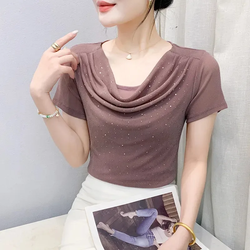 Women's Draped Neck Rhinestone Mesh Blouse Short Sleeve Elegant
Women's Draped Neck Rhinestone Mesh Blouse Short Sleeve Elegant